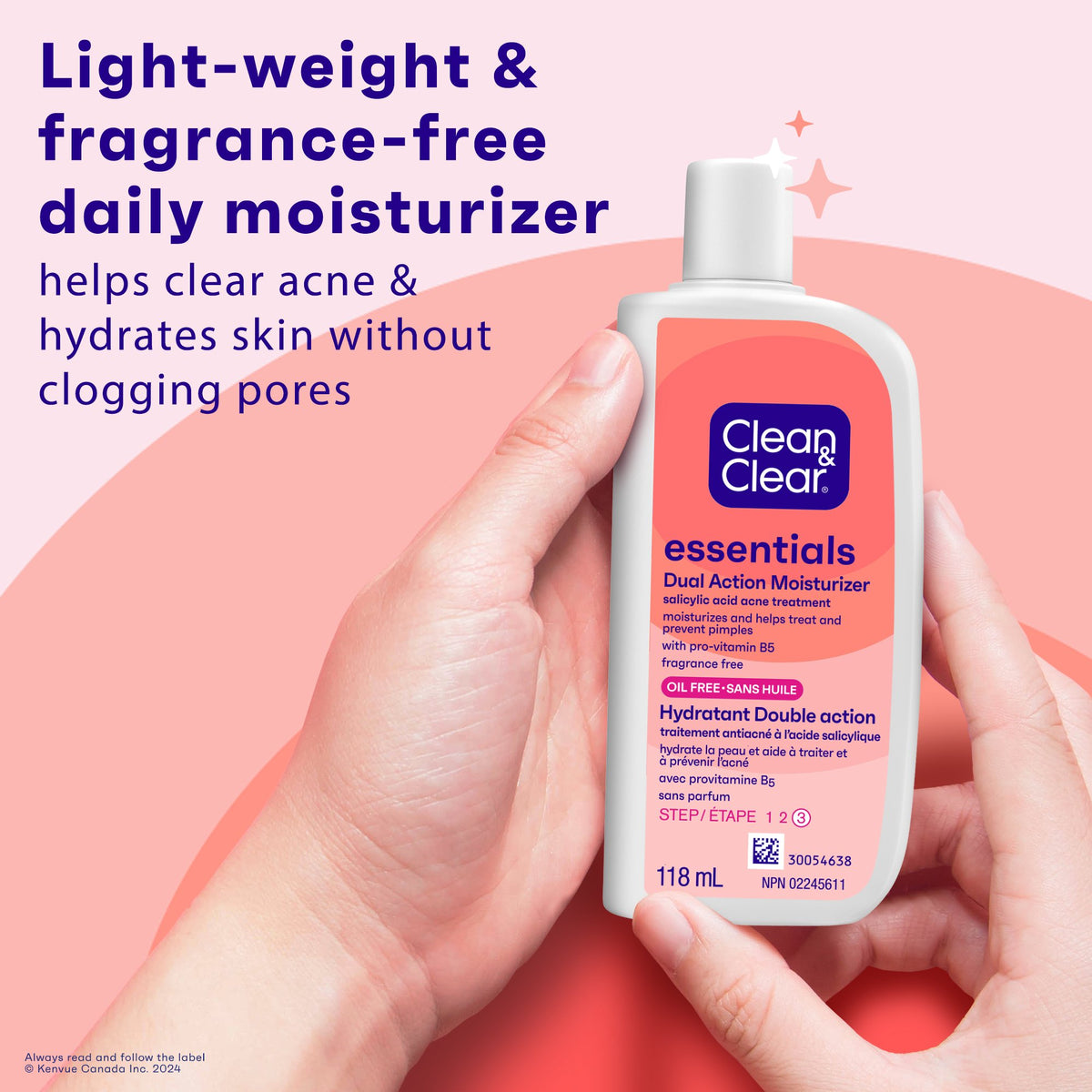 Clean & Clear Essentials Dual Action Moisturizer 118ml held in hands, showing the lightweight fragrance-free daily moisturiser