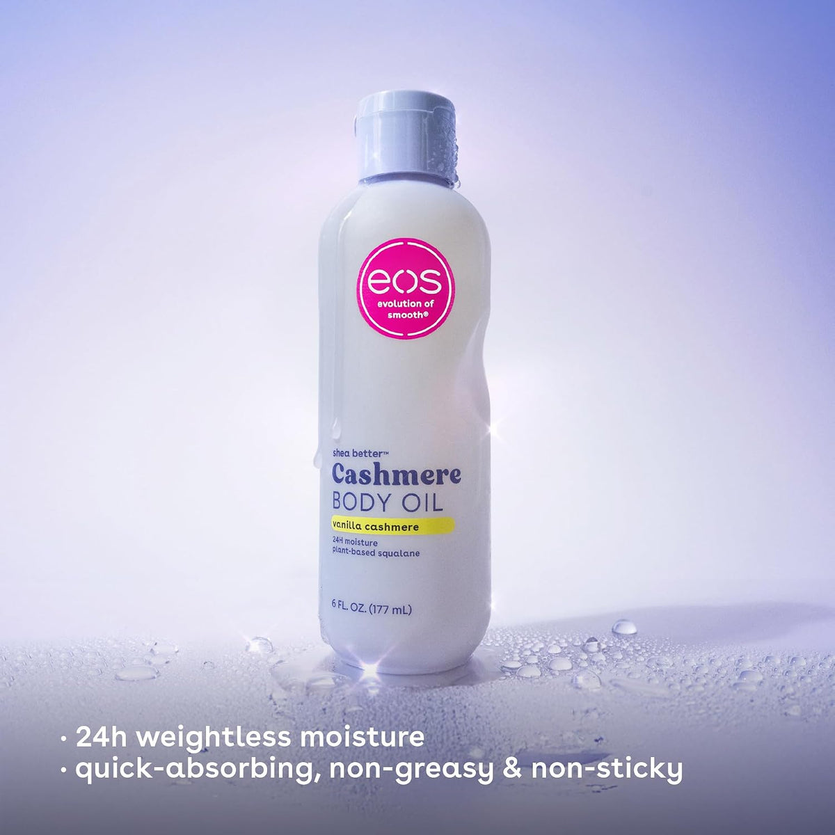 EOS Vanilla Cashmere Body Oil 177ml with 24-hour weightless moisture and quick-absorbing formula graphic
