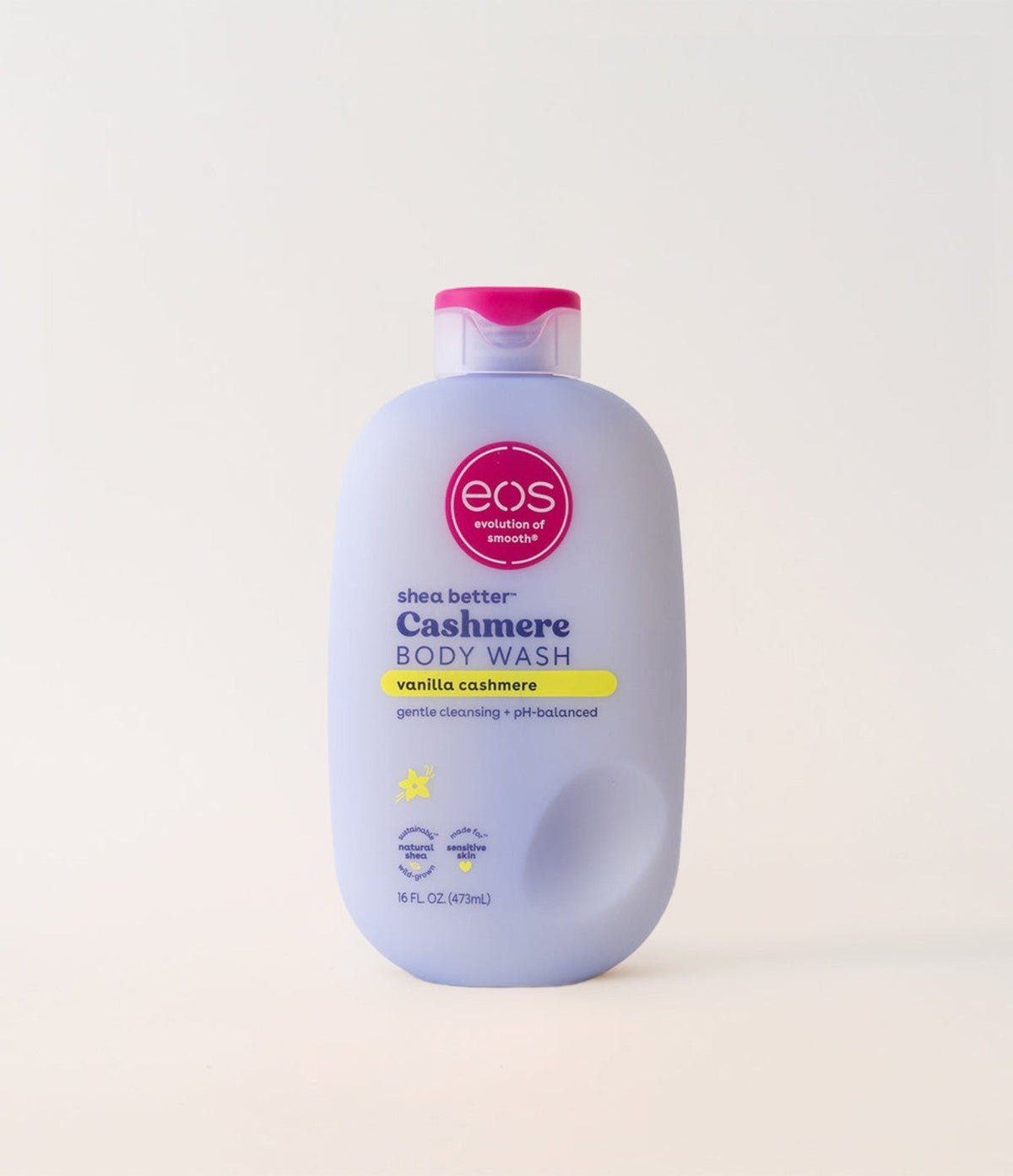 EOS Vanilla Cashmere Body Wash 473ml lavender bottle front view with pink cap