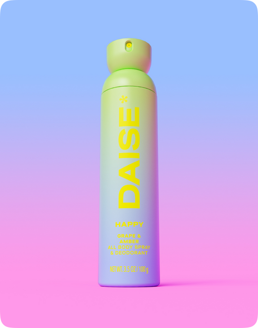 Daise Happy Grape & Amber All Body Spray & Deodorant 120ml on a blue and pink background