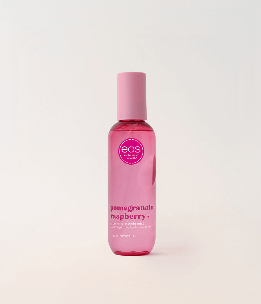 HAMYNAT eos Pomegranate Raspberry Cashmere body mist in a clear pink spray bottle with hydrating hyaluronic acid
