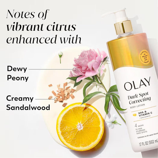HAMYNAT Olay Dark Spot Correcting Body Lotion bottle with citrus, peony, and sandalwood ingredients on a cream base.