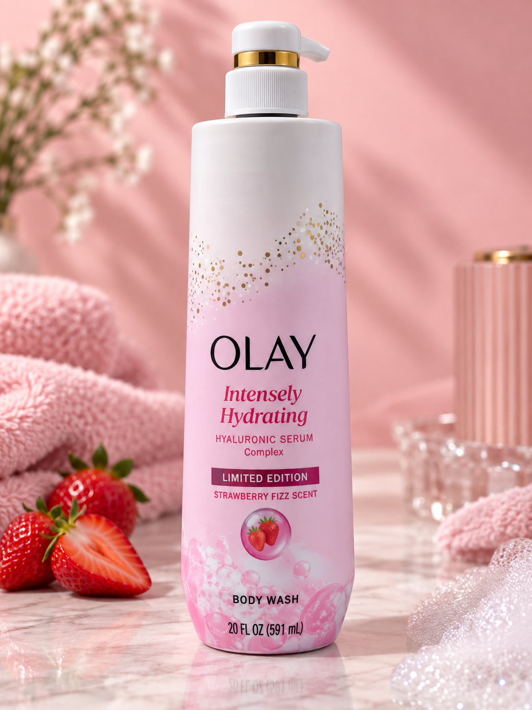 HAMYNAT Olay Intensely Hydrating Body Wash with hyaluronic serum and strawberry fizz scent in a pink pump bottle.