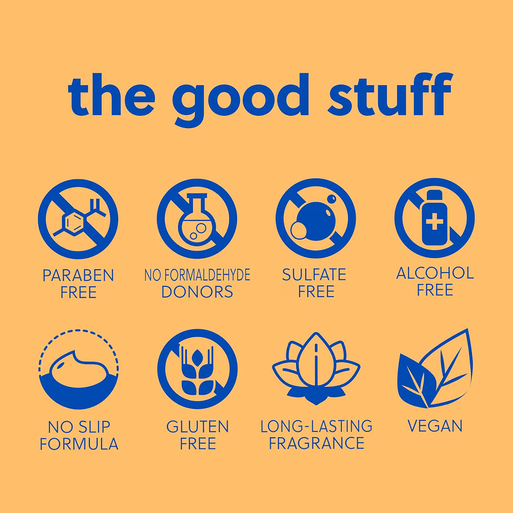 HAMYNAT infographic showing icons for paraben-free, sulfate-free, alcohol-free, vegan, and no-slip sugar scrub formula.