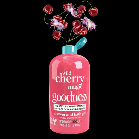 HAMYNAT Treaclemoon Wild Cherry Magic shower and bath gel in a pink 500ml bottle with floating cherry illustrations.