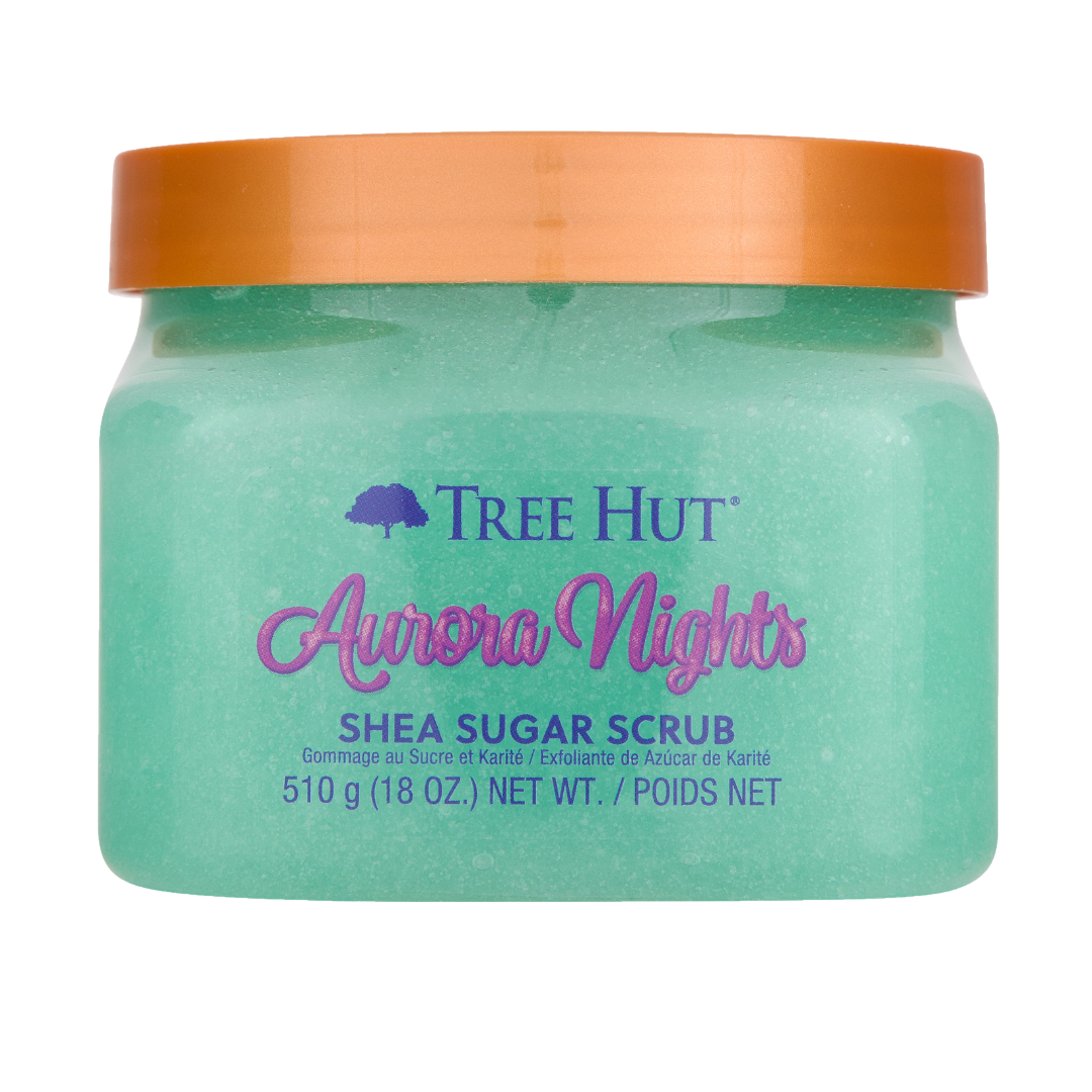 HAMYNAT Tree Hut Aurora Nights shea sugar body scrub in a teal jar with an orange lid for exfoliating skin.