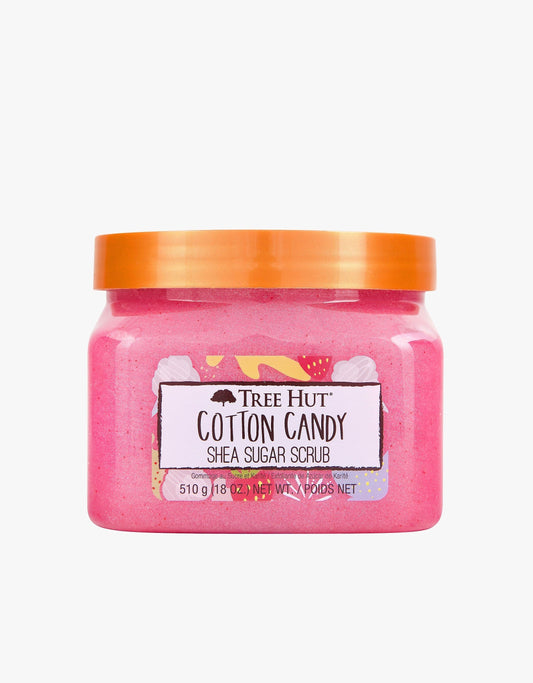 HAMYNAT Tree Hut Cotton Candy Shea Sugar Scrub in a 510g jar with a bright pink exfoliating texture and orange lid.