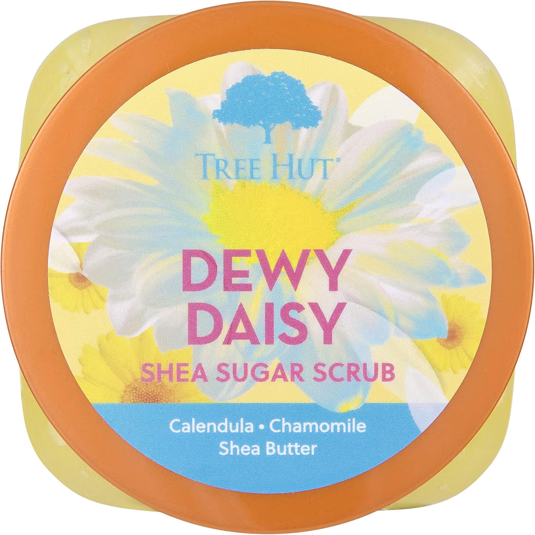 HAMYNAT Tree Hut Dewy Daisy Shea Sugar Scrub jar with floral label featuring chamomile and calendula flower design.