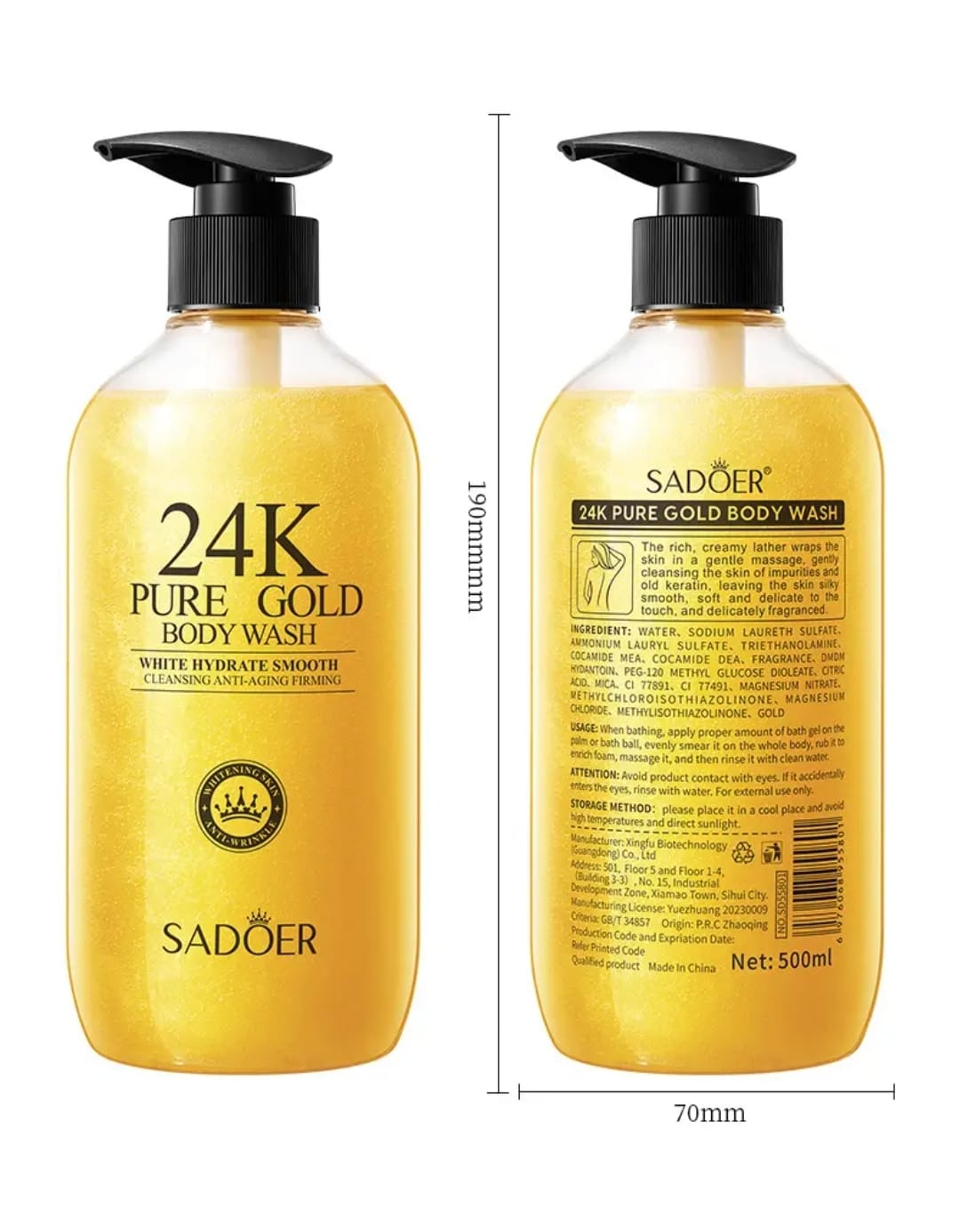 Sadoer 24k Gold Shower Gel - Nourishing & Deep Cleansing Liquid Face and Body Wash