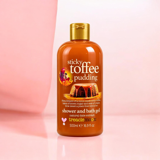 Treaclemoon Sticky Toffee Pudding shower and bath gel 500ml bottle with gold cap on pink background