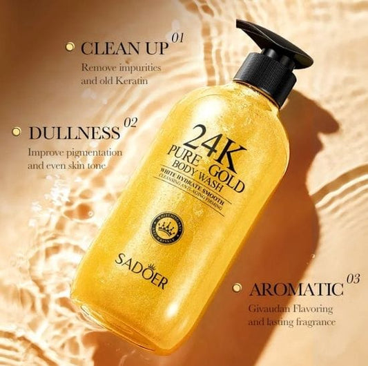 Sadoer 24k Gold Shower Gel - Nourishing & Deep Cleansing Liquid Face and Body Wash