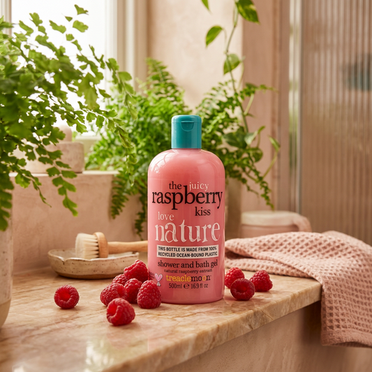 Treaclemoon Raspberry Kiss Shower and Bath Gel 500ml in a pink bottle with fresh raspberries, displayed in a natural spa-inspired bathroom setting