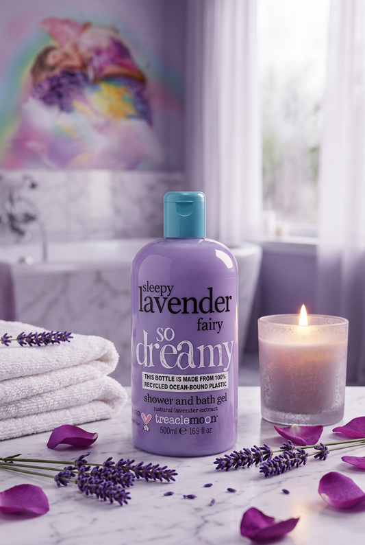A bottle of lavender fairy shower and bath gel by Treaclemoon stands on a marble surface in a softly lit bathroom setting. White towels, scattered lavender sprigs, purple rose petals, and a lit candle surround the bottle, with a blurred bathtub and pastel wall in the background.