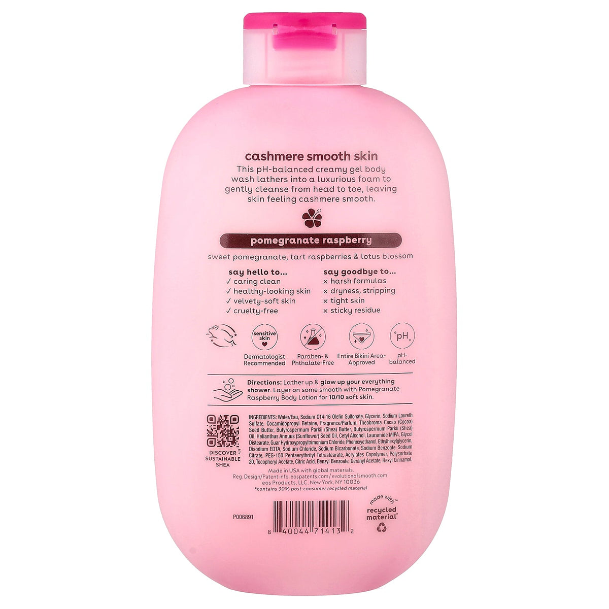 EOS Pomegranate Raspberry Body Wash 473ml rear label with directions and ingredients