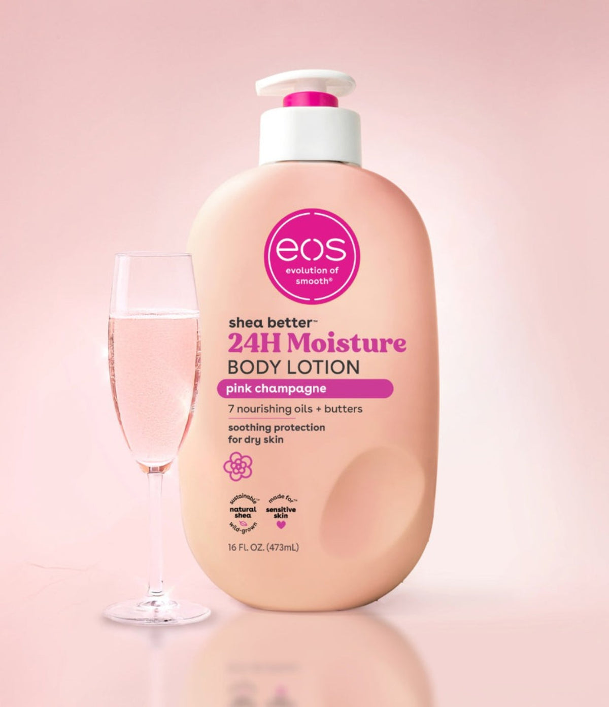 EOS Pink Champagne Body Lotion with pink champagne glass