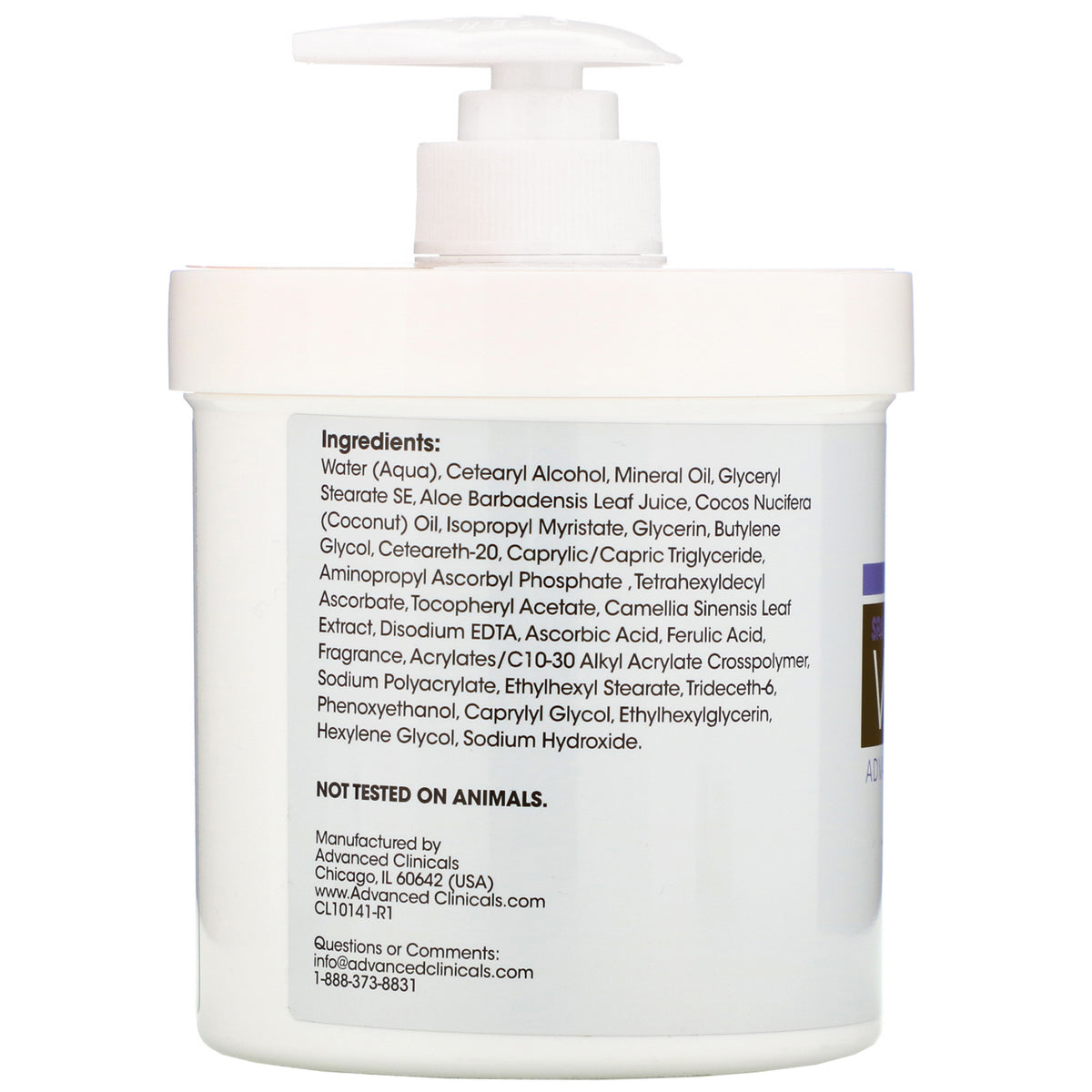 Advanced Clinicals Vitamin C Brightening Cream 454g back label with ingredients