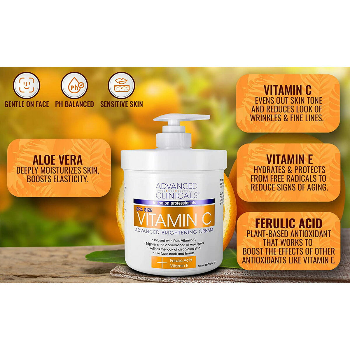 Advanced Clinicals Vitamin C Brightening Cream 454g with vitamin C, vitamin E, ferulic acid and aloe vera ingredient callouts