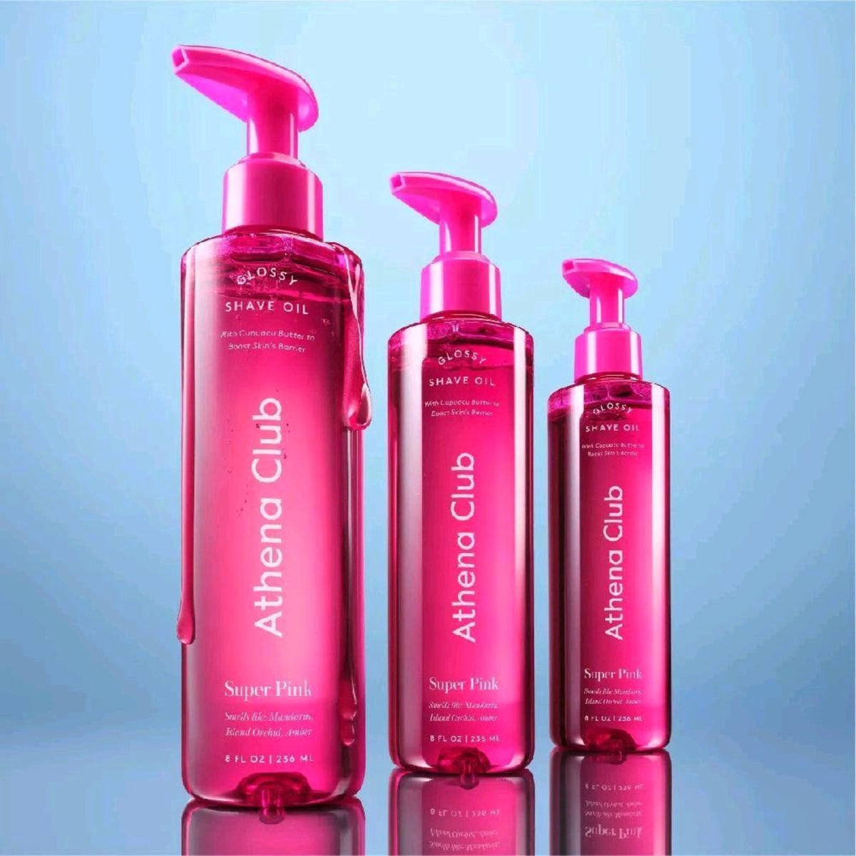 Athena Club Glossy Shave Oil Super Pink bottles