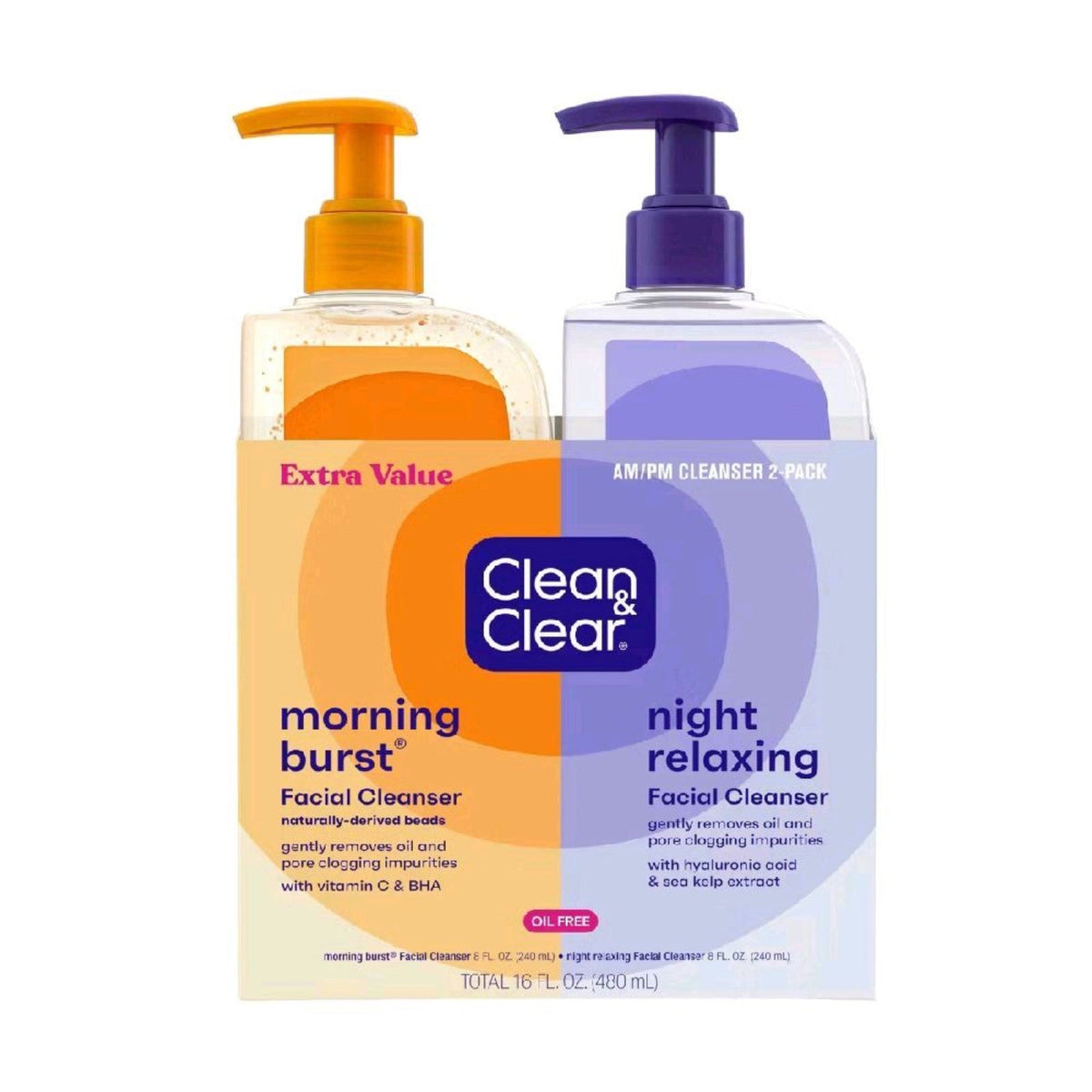Clean & Clear AM/PM Morning Burst and Night Relaxing Facial Cleanser twin pack 240ml each