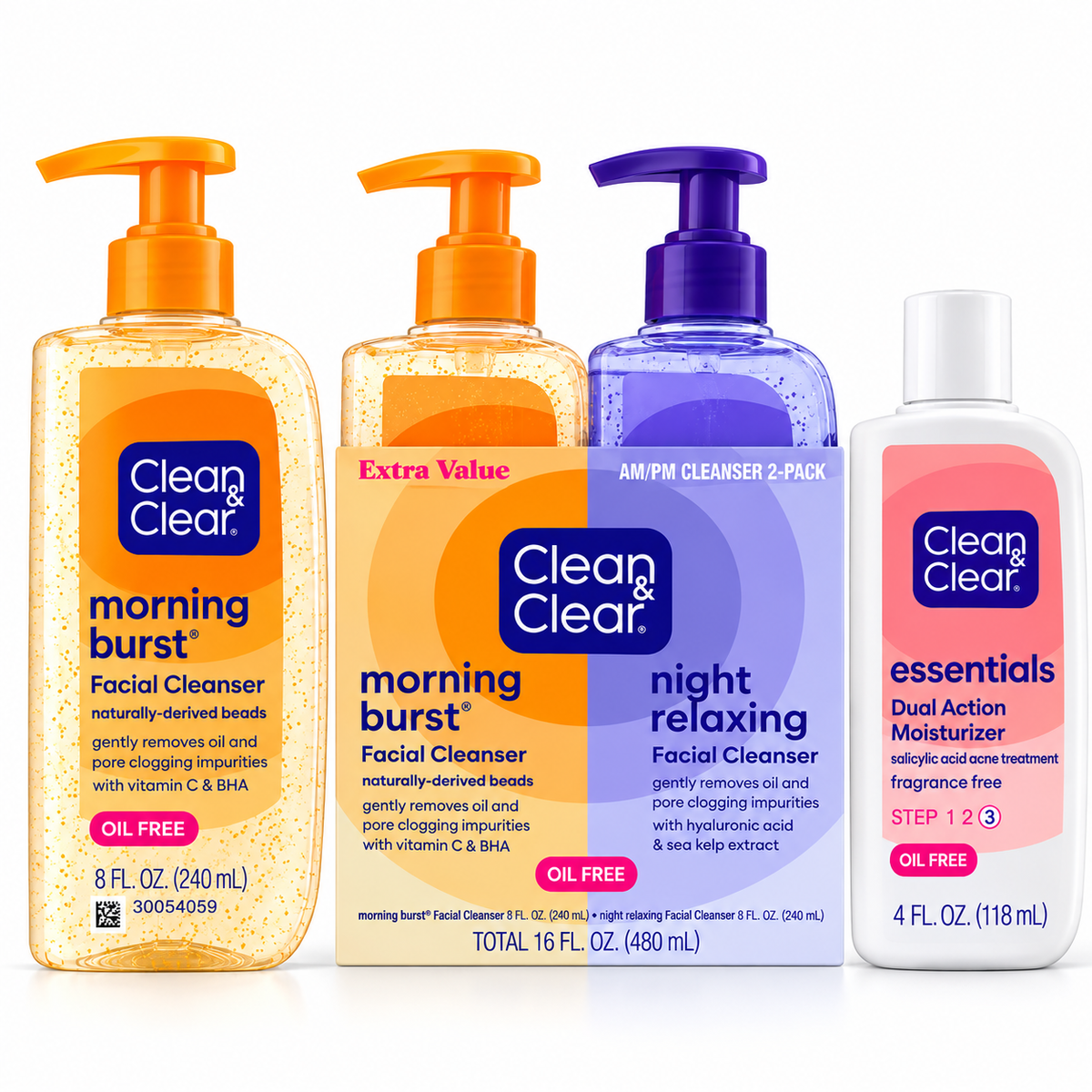 Clean & Clear face care collection showing Morning Burst cleanser, AM PM cleanser two pack and Dual Action Moisturizer