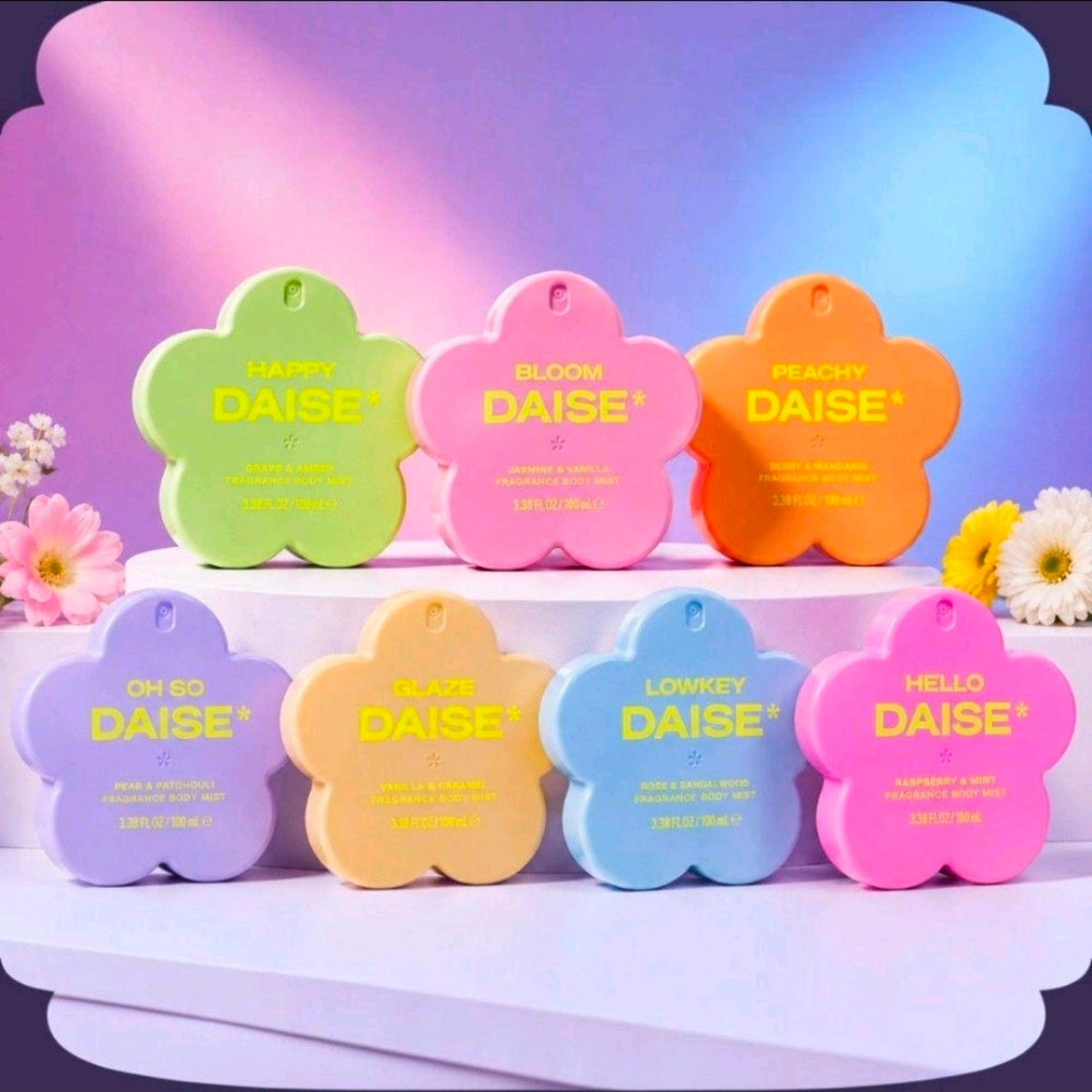 DAISE body mist collection group photograph showing seven scents