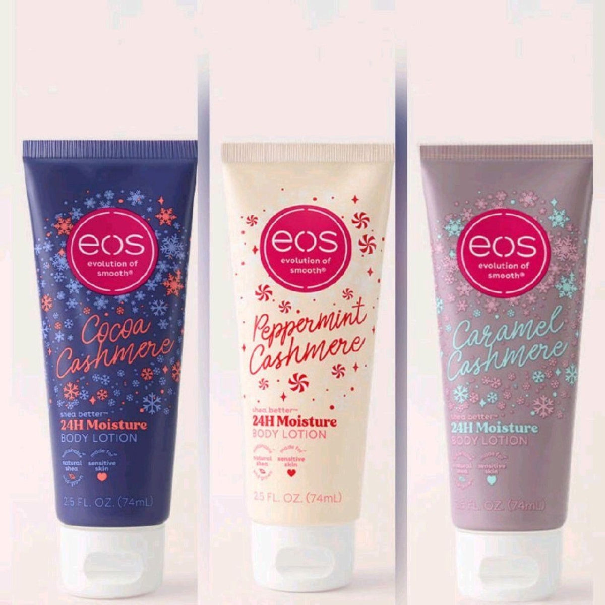 EOS Peppermint Cashmere travel size shown alongside Cocoa and Caramel Cashmere
