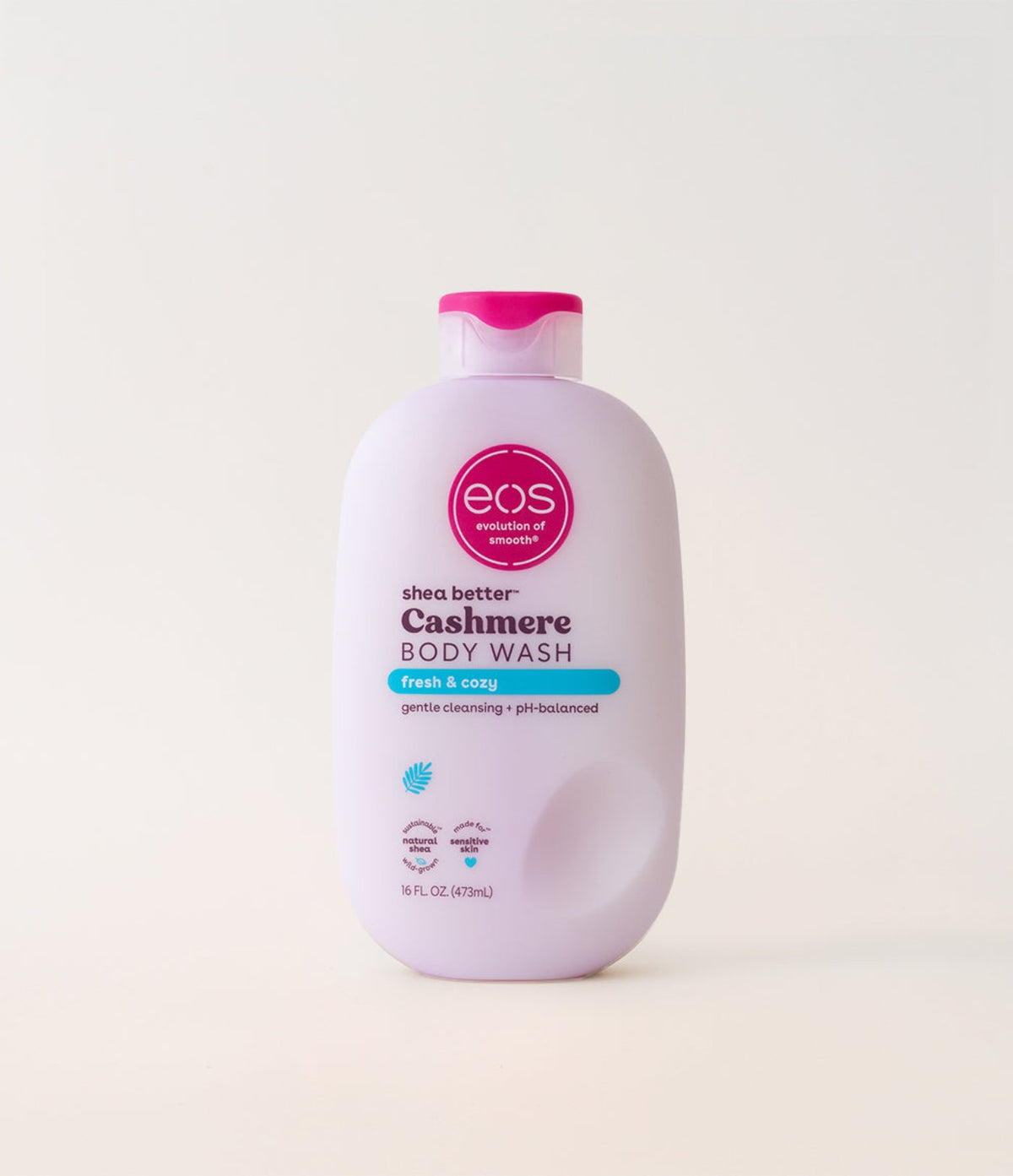 EOS Fresh & Cozy Cashmere Body Wash 473ml front-facing lavender bottle with pink cap and turquoise scent label