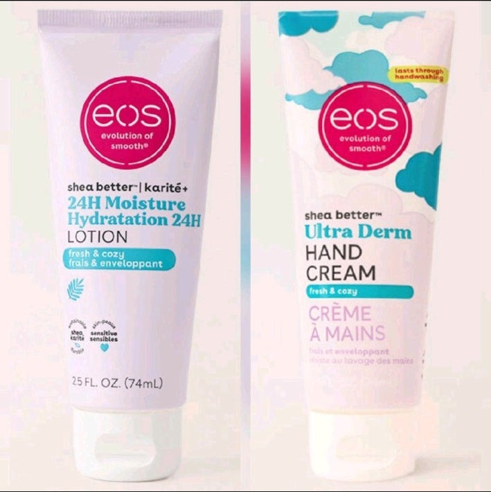 EOS Fresh & Cozy travel body lotion and matching hand cream