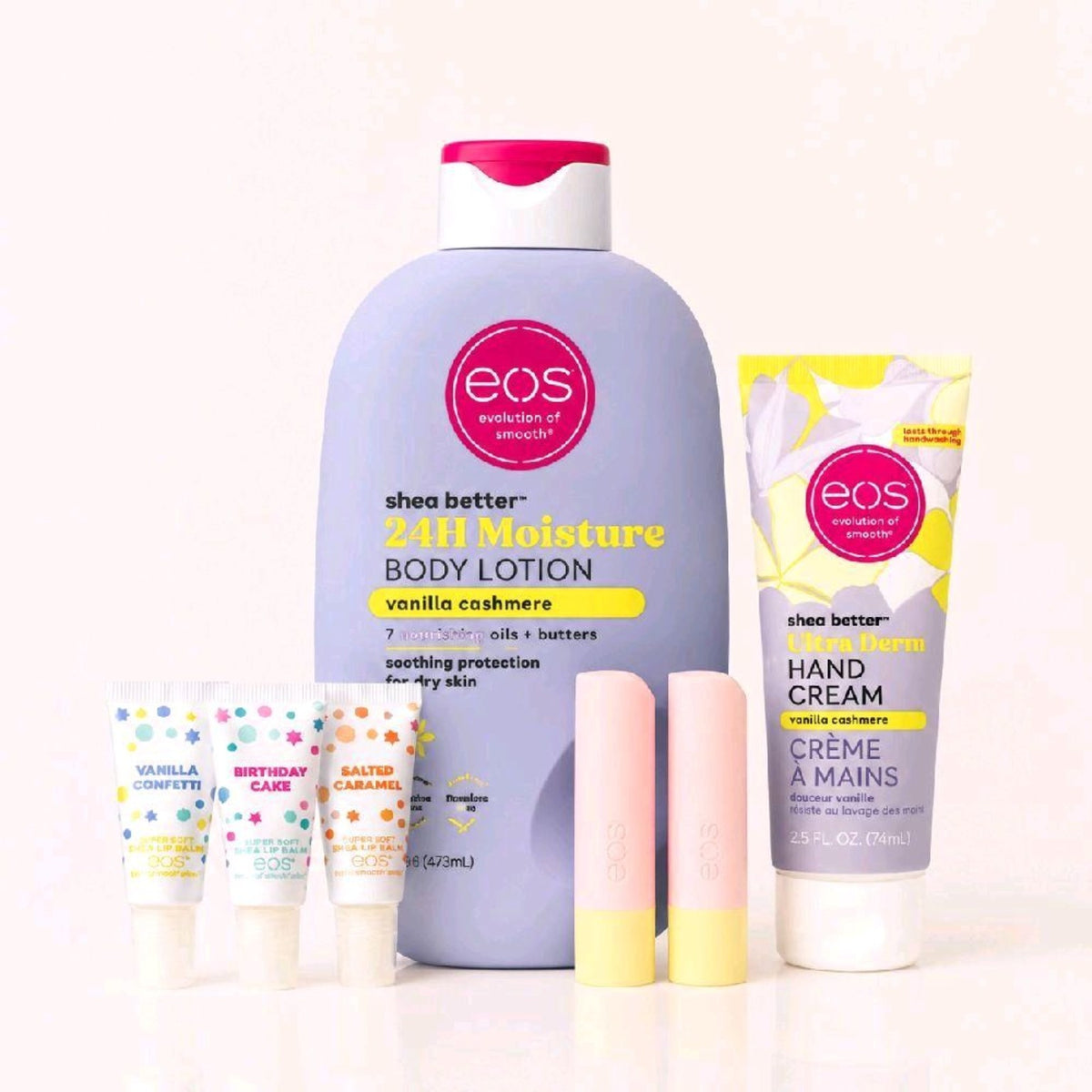 EOS Happy Birthday Bundle featuring Vanilla Cashmere lotion and hand cream, three lip balms and two lip care sticks