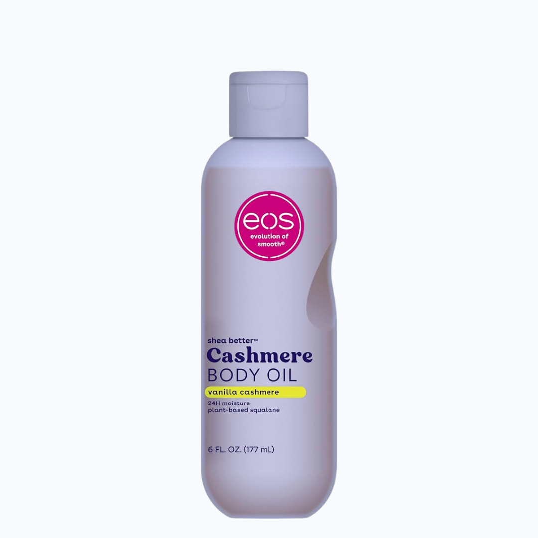 EOS Vanilla Cashmere Body Oil 177ml lavender bottle front label on a white background