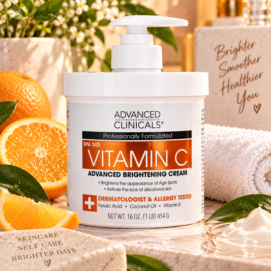 HAMYNAT Advanced Clinicals Vitamin C brightening cream in a 454g pump jar, surrounded by fresh oranges and skincare.