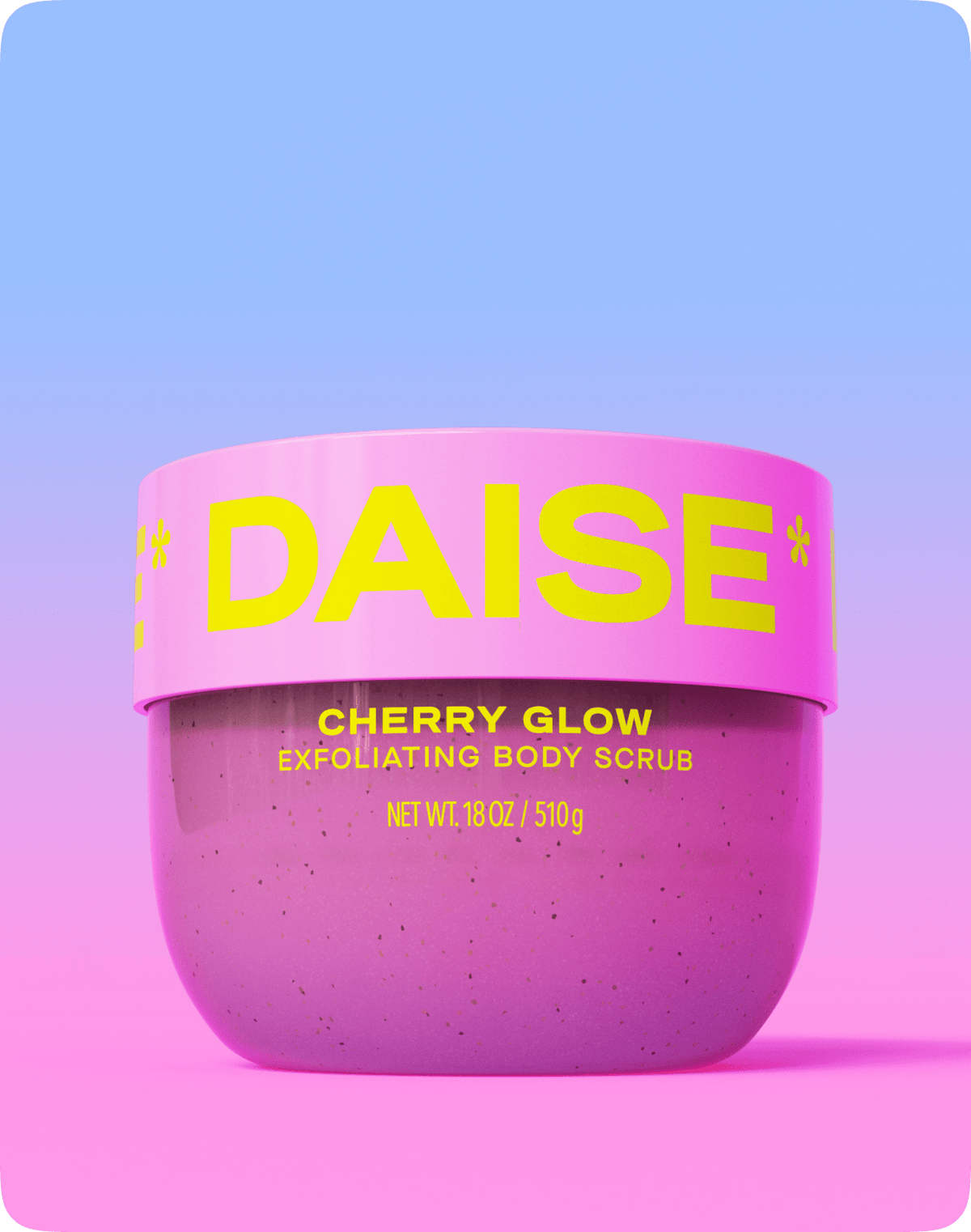 Daise Cherry Glow Exfoliating Body Scrub 510g – front product view on a blue and pink background