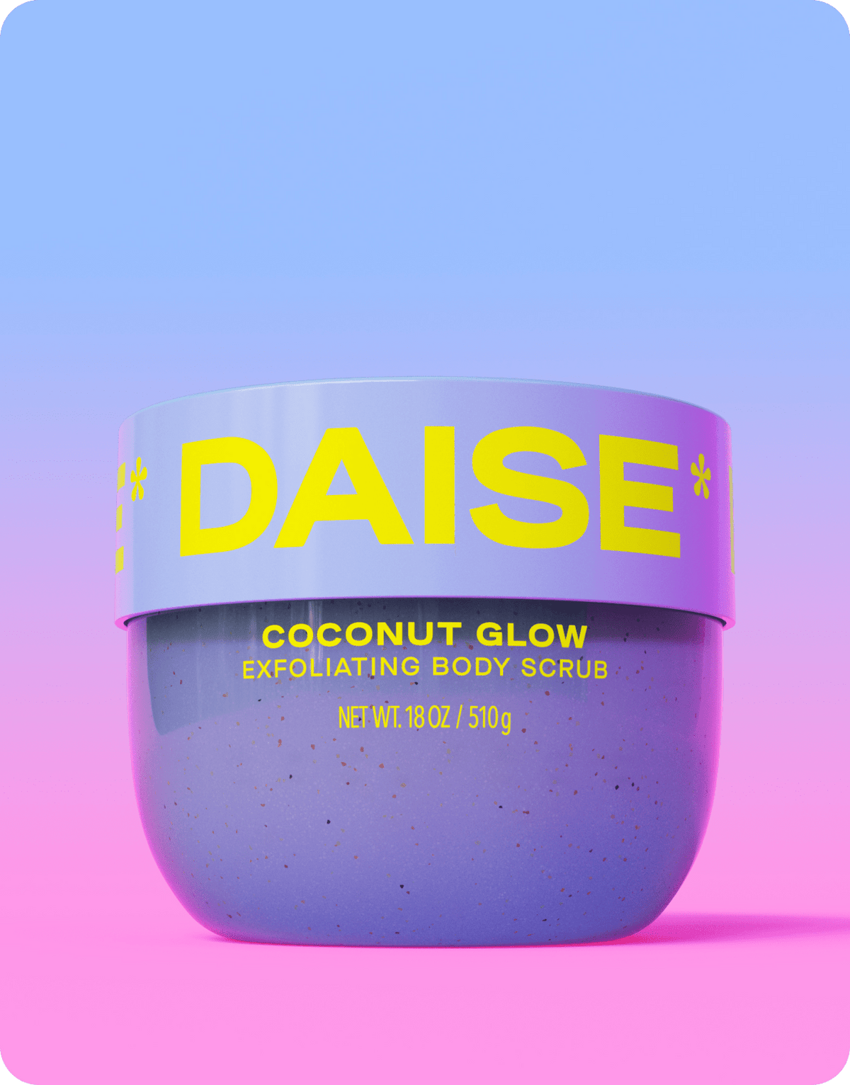Daise Coconut Glow Exfoliating Body Scrub 510g on a blue and pink background