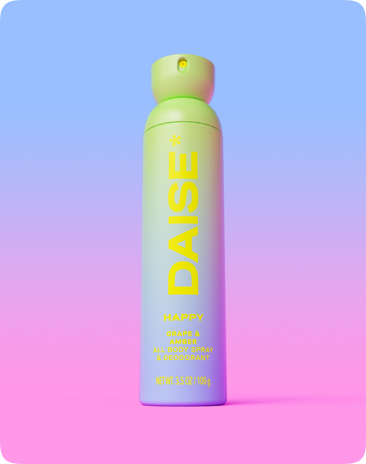 Daise Happy Grape & Amber All Body Spray & Deodorant 120ml on a blue and pink background