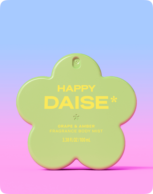 Daise Happy Grape & Amber Fragrance Body Mist 100ml on a blue and pink background