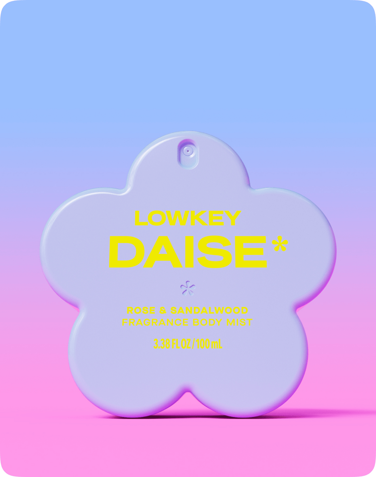 Daise Lowkey Rose & Sandalwood Fragrance Body Mist 100ml on a blue and pink background