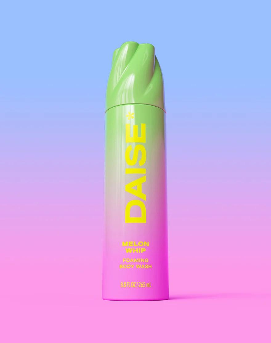 Daise Melon Whip Foaming Body Wash 265ml – front product view on a blue and pink background