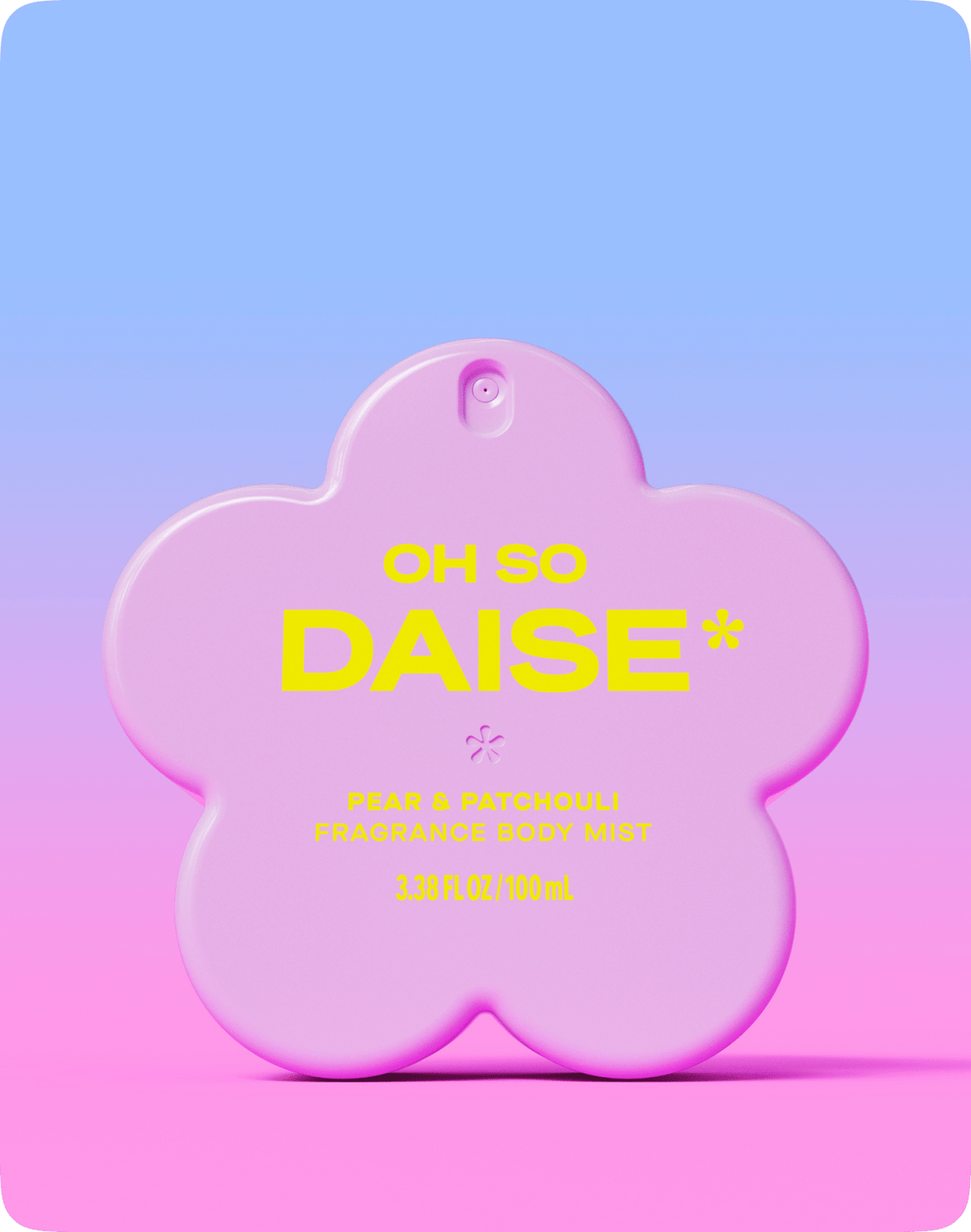 Daise Oh So Pear & Patchouli Fragrance Body Mist 100ml on a blue and pink background