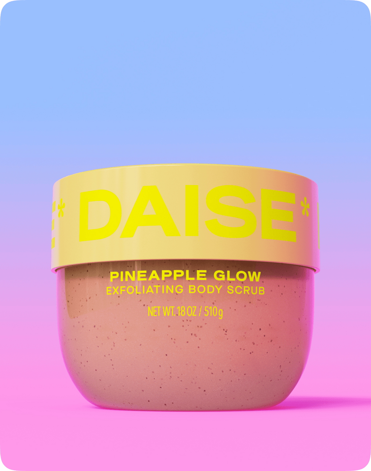 Daise Pineapple Glow Exfoliating Body Scrub 510g on a blue and pink background