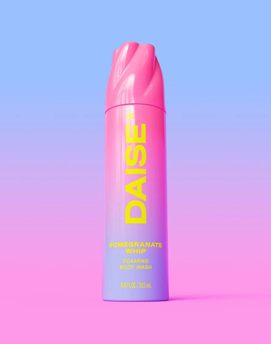 Daise Pomegranate Whip Foaming Body Wash 265ml – front product view on a blue and pink background