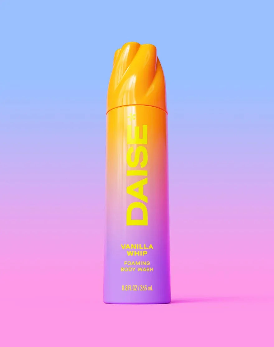 HAMYNAT DAISE Vanilla Whip foaming body wash in an orange and purple ombre bottle with a unique twisted cap design.