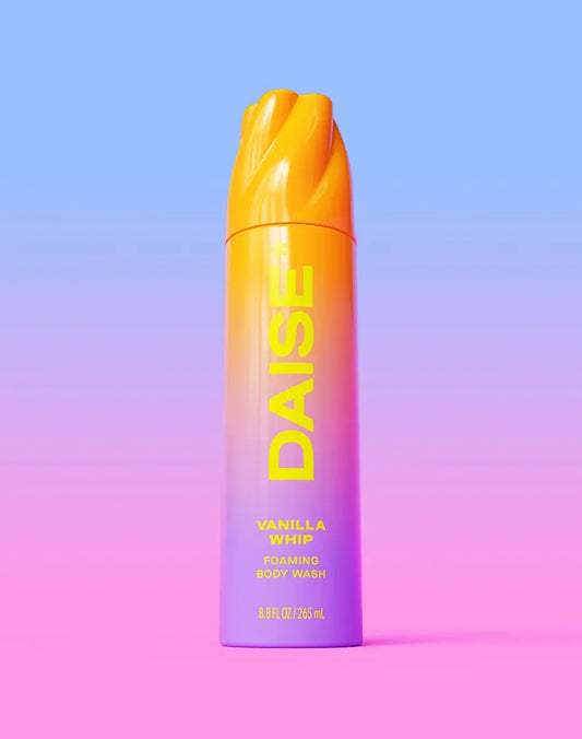 HAMYNAT DAISE Vanilla Whip foaming body wash in an orange and purple ombre bottle with a unique twisted cap design.