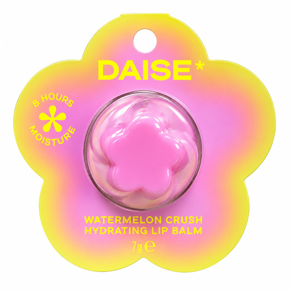HAMYNAT DAISE Watermelon Crush hydrating lip balm in a pink flower-shaped container on yellow floral backing card.