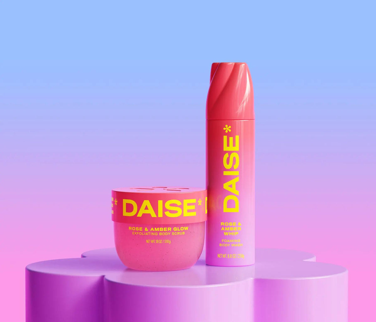 Daise XOXO Rose & Amber Foaming Body Wash 265ml with the matching body wash or scrub