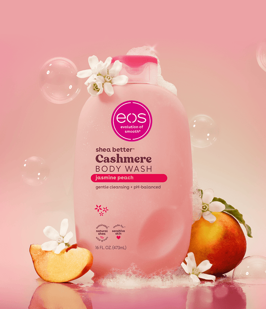 HAMYNAT eos Shea Better Cashmere Body Wash in Jasmine Peach scent with fresh jasmine flowers and peach slices