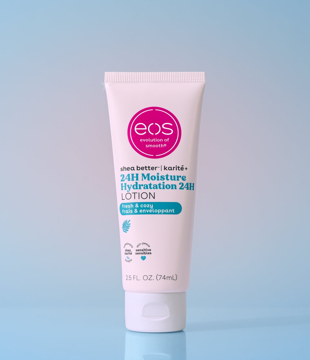EOS Fresh & Cozy travel body lotion 74ml on a blue background