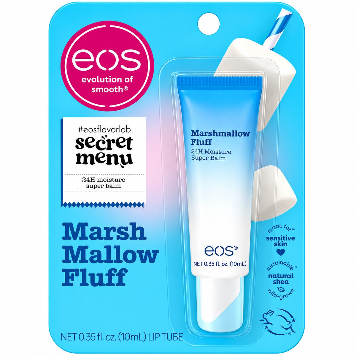 HAMYNAT eos Marshmallow Fluff moisturising lip balm tube in blue packaging with marshmallow graphics