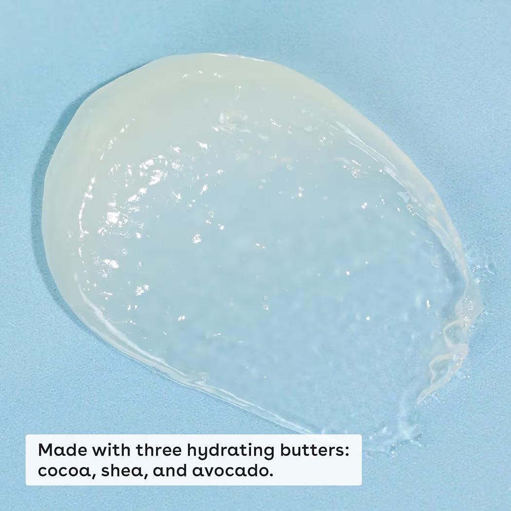 HAMYNAT eos Marshmallow Fluff lip balm texture swatch showing a smooth, clear, hydrating butter formula on blue