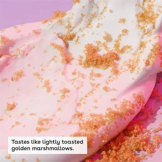 HAMYNAT eos Marshmallow Fluff lip balm texture featuring creamy pink balm topped with golden toasted sugar crystals.