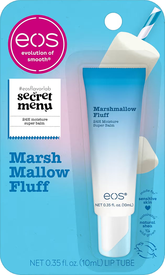 HAMYNAT eos Marshmallow Fluff hydrating lip balm in blue tube packaging with marshmallow graphic on blister card
